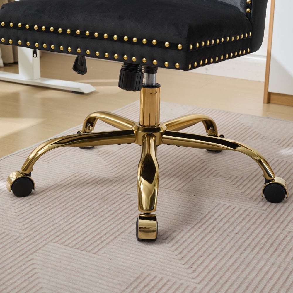 Chaise de bureau Urban Meuble en velours noir avec dossier capitonné et base dorée — vue 5