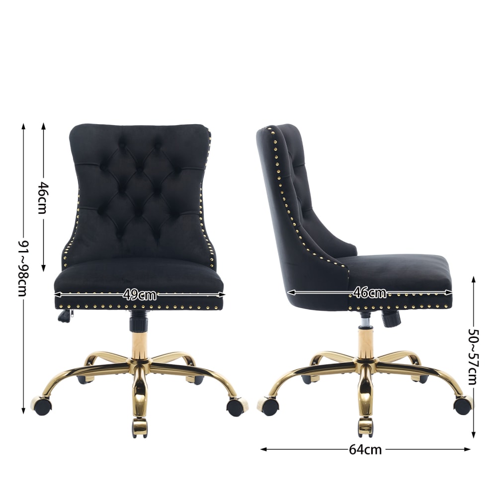 Chaise de bureau Urban Meuble en velours noir avec dossier capitonné et base dorée — vue 7