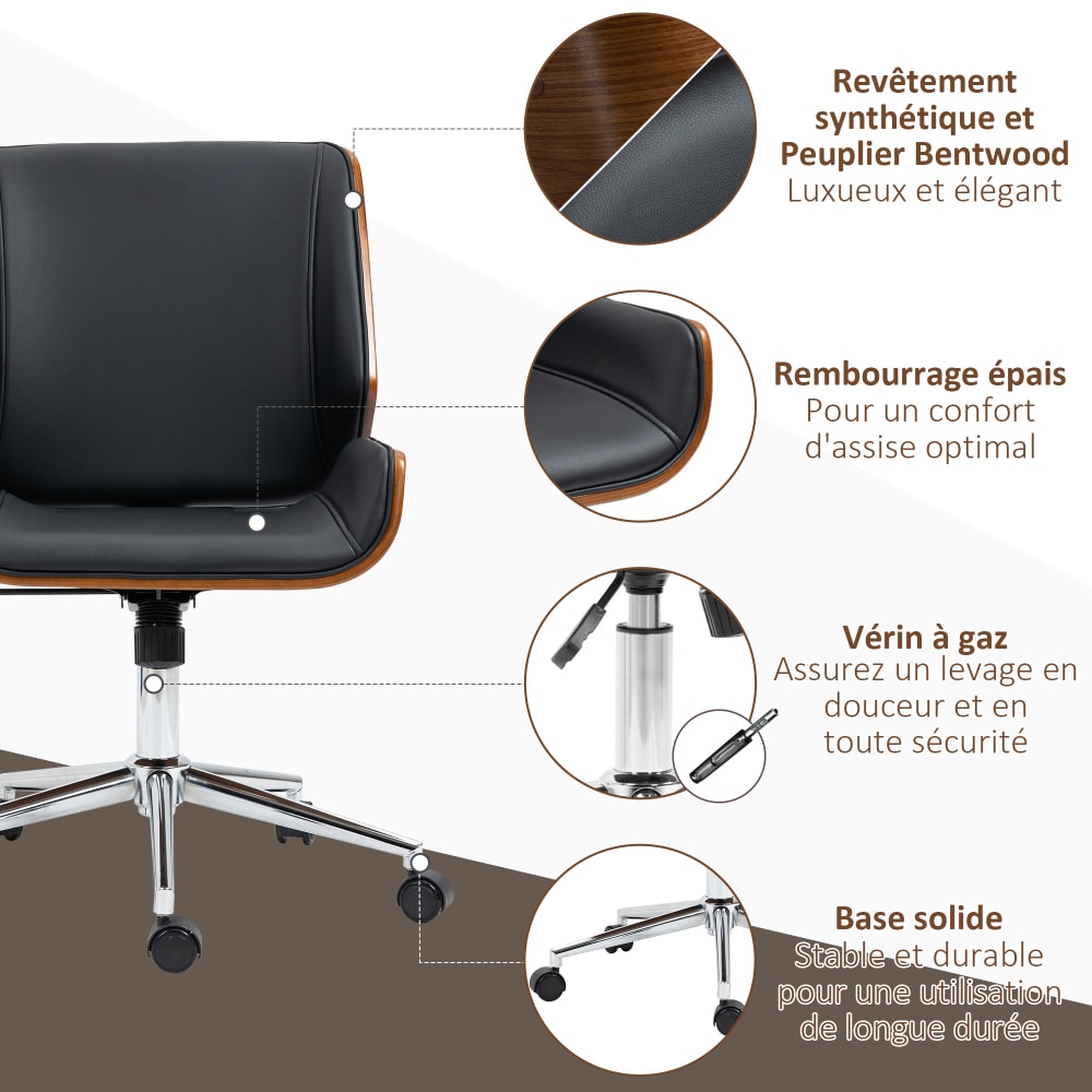 Chaise de bureau Vinsetto vintage avec coque en bois et assise noire — vue 7