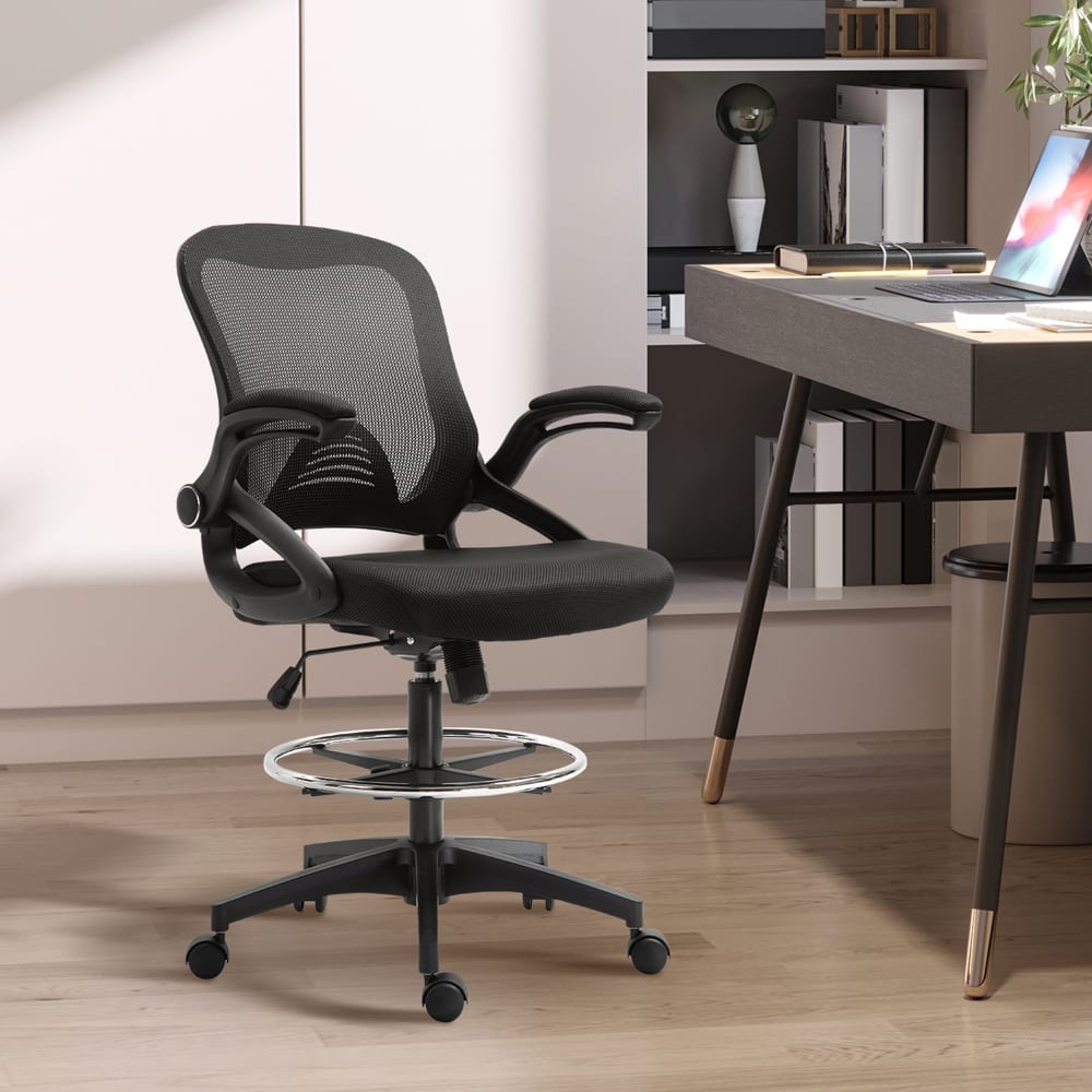 Chaise de bureau Vinsetto à assise haute, maille noire et repose-pied circulaire — vue 2