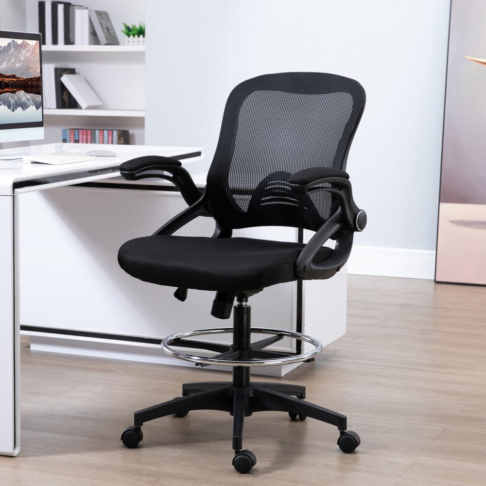 Chaise de bureau Vinsetto à assise haute, maille noire et repose-pied circulaire — vue 3