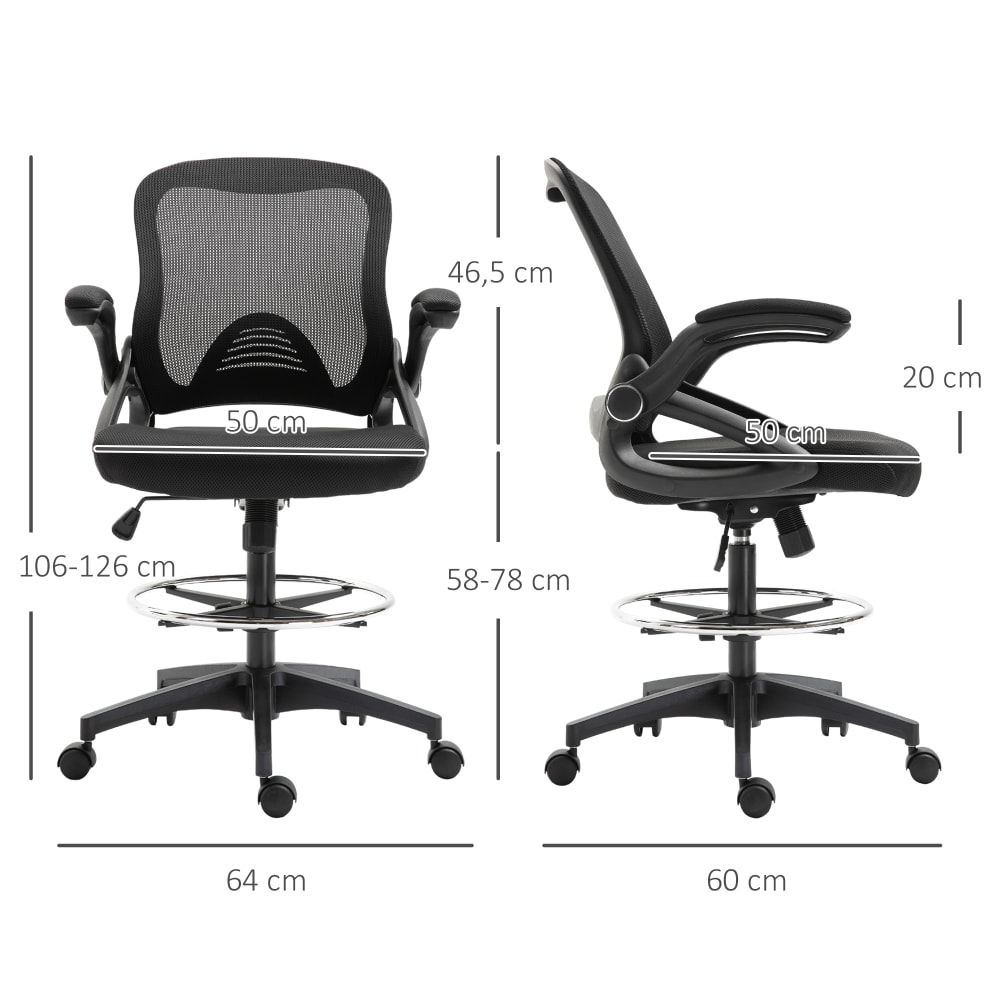 Chaise de bureau Vinsetto à assise haute, maille noire et repose-pied circulaire — vue 4