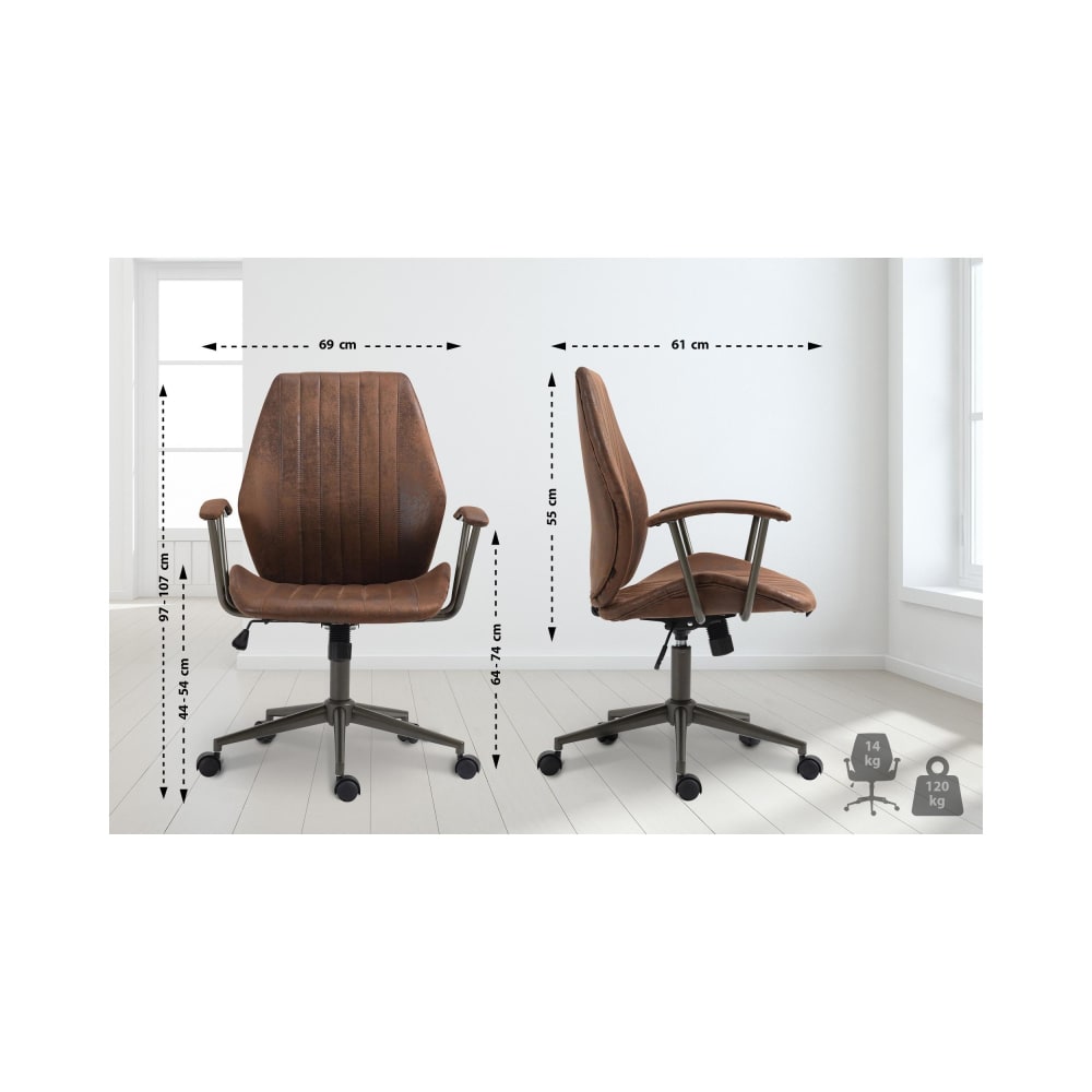 Fauteuil de bureau Nampa cognac avec accoudoirs rembourrés et piètement à roulettes — vue 3