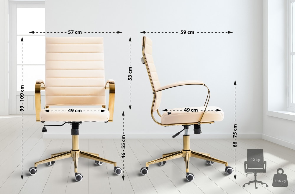 Chaise de bureau CLP Havanna crème à piètement doré et roulettes — vue 3