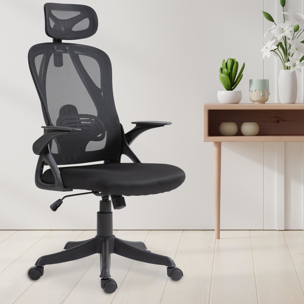 Chaise de bureau CLP Taos noire avec dossier en filet et appuie-tête réglable — vue 2