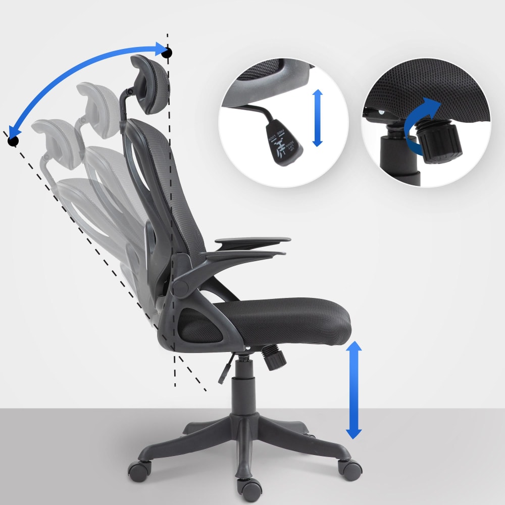 Chaise de bureau CLP Taos noire avec dossier en filet et appuie-tête réglable — vue 3