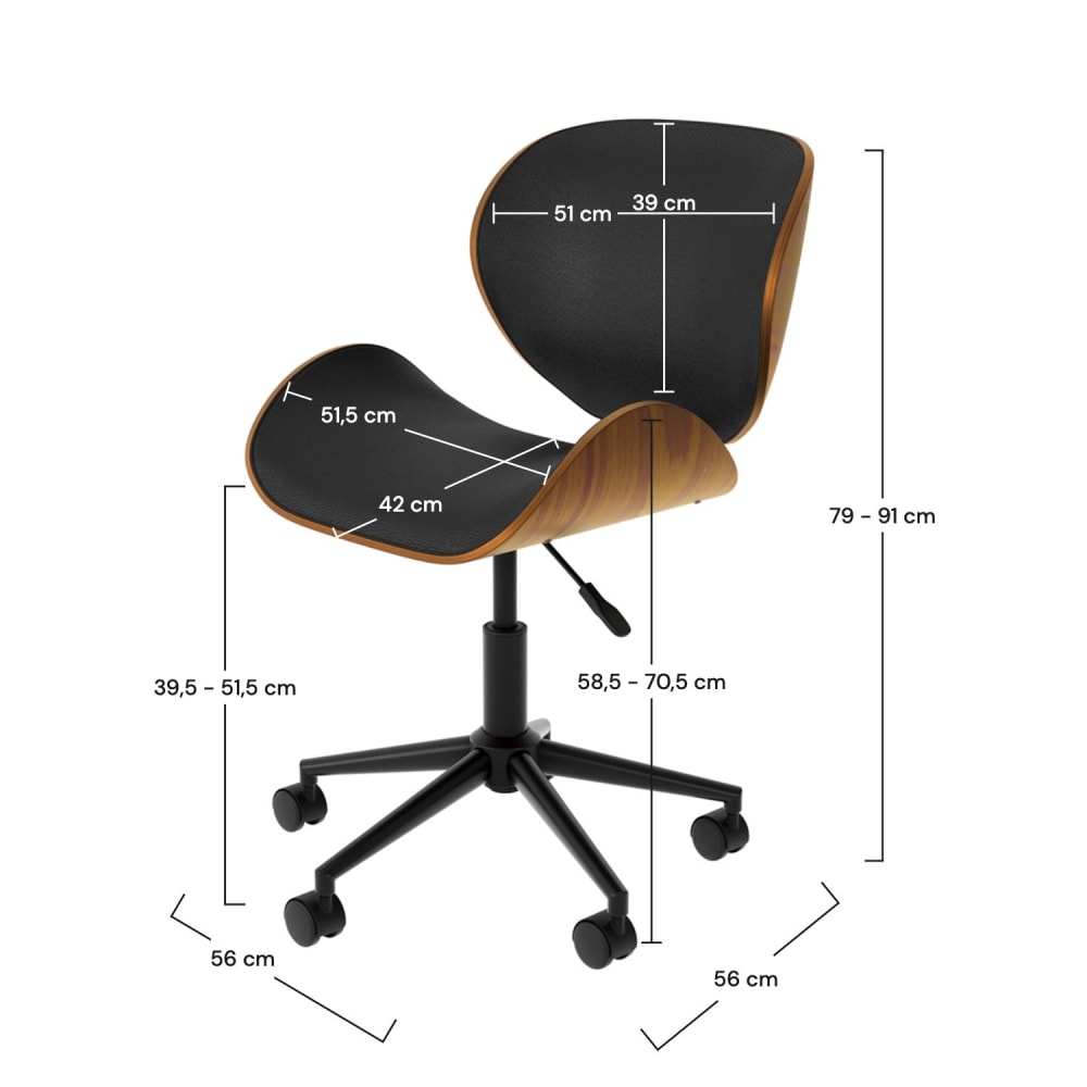Chaise de bureau Maison Pavane Baudoin noire, pivotante, avec dossier rembourré et roulettes — vue 4