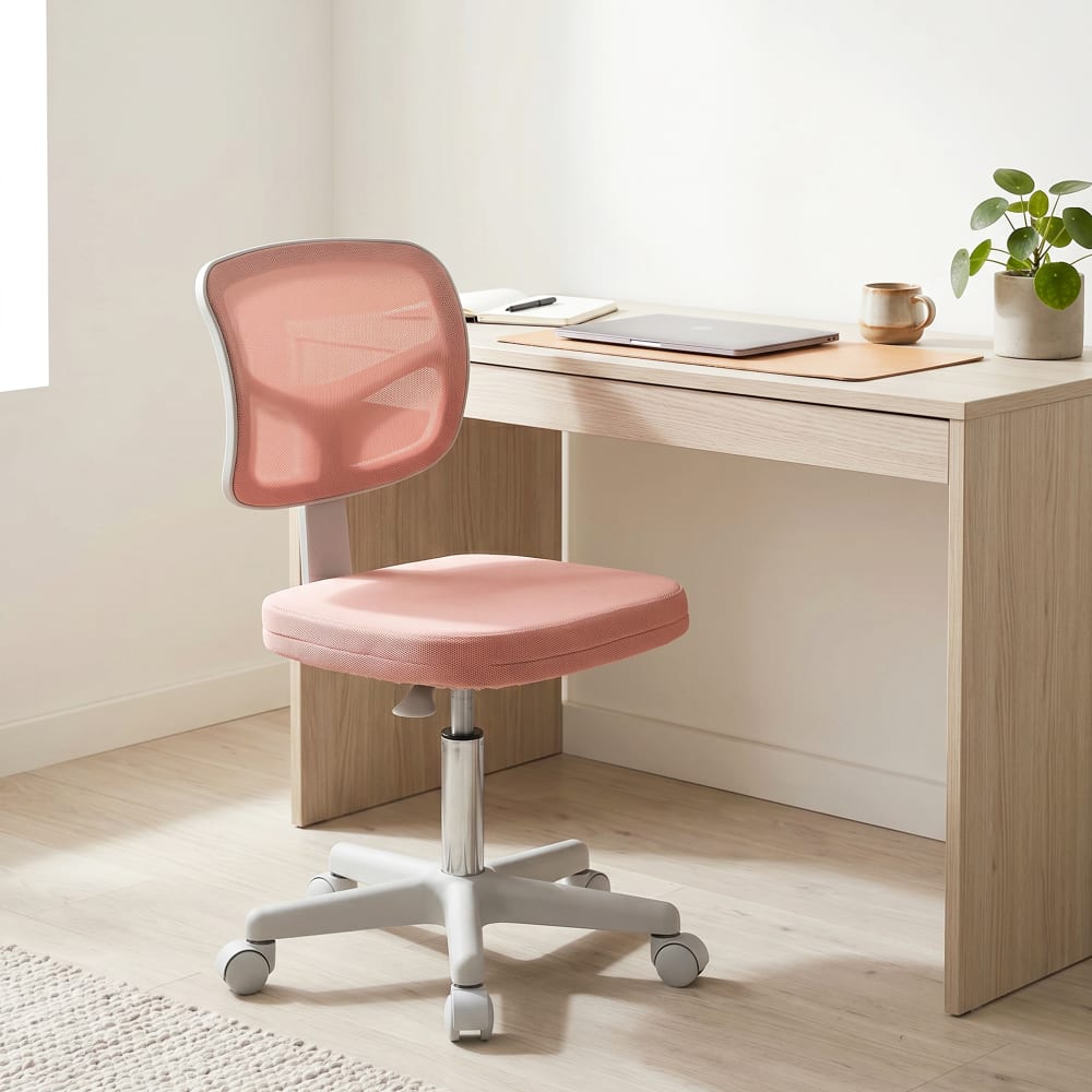 Chaise de bureau Vinsetto rose avec dossier en maille et base à roulettes — vue 3