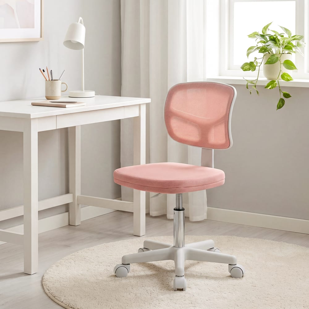 Chaise de bureau Vinsetto rose avec dossier en maille et base à roulettes — vue 6