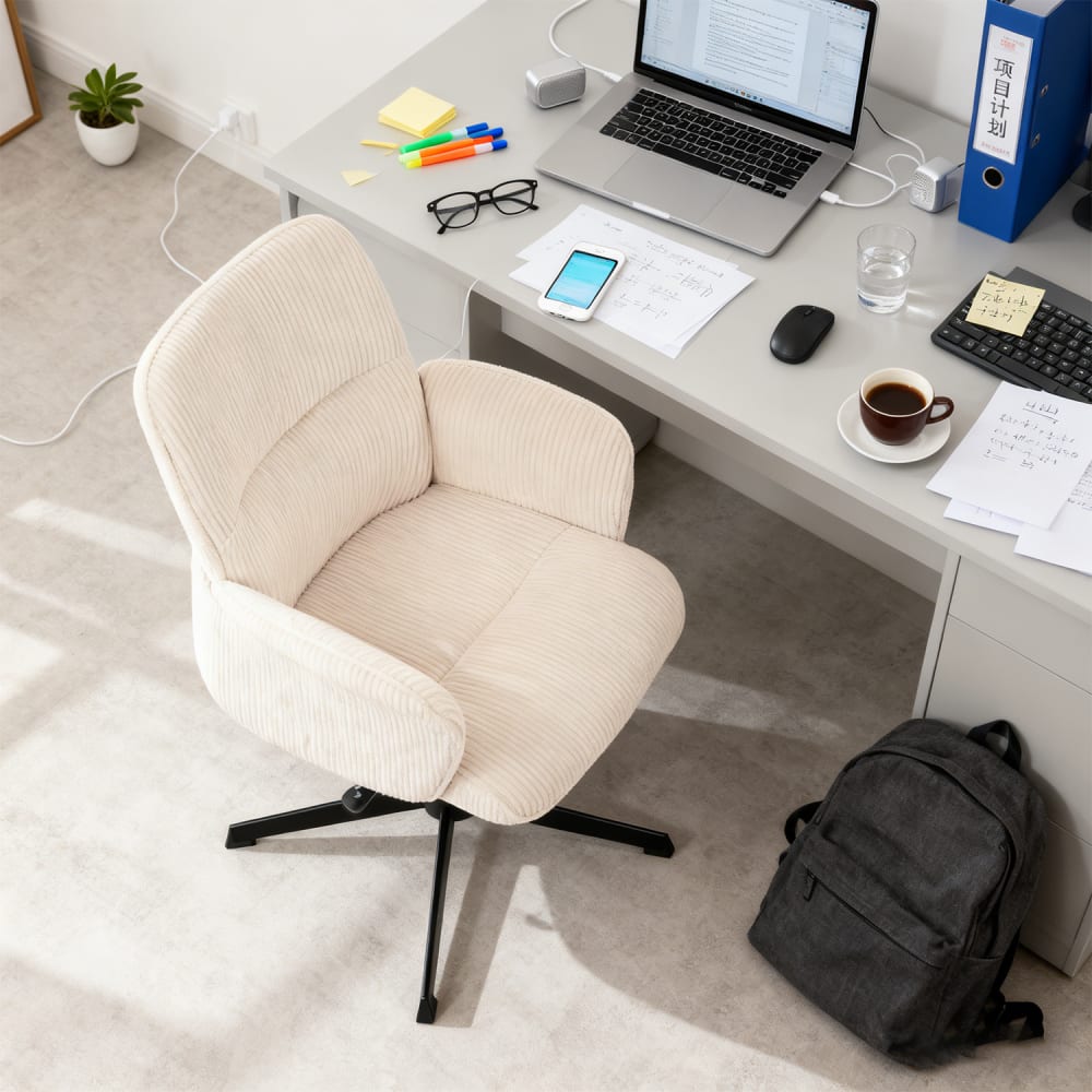 Chaise de bureau Meubles Cosy en velours côtelé beige avec base pivotante noire — vue 6