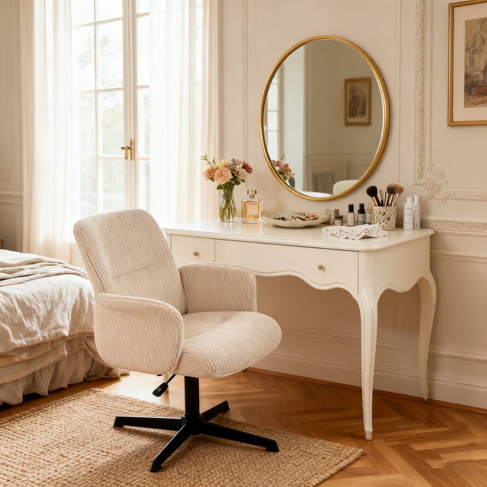 Chaise de bureau Meubles Cosy en velours côtelé beige avec base pivotante noire — vue 8