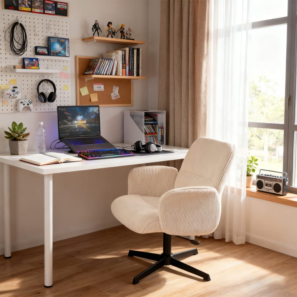 Chaise de bureau Meubles Cosy en velours côtelé beige avec base pivotante noire — vue 10