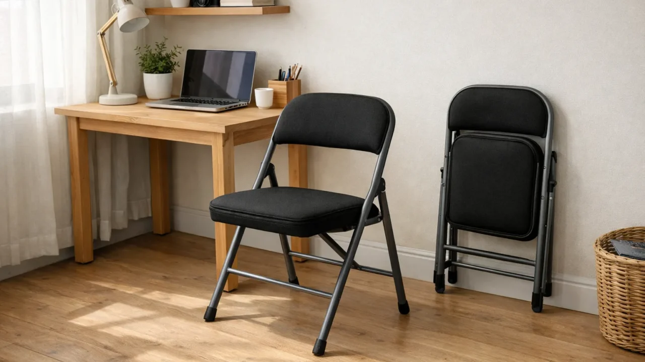 Une chaise de bureau pliable ouverte devant un bureau, avec une seconde vue du siège replié contre le mur.