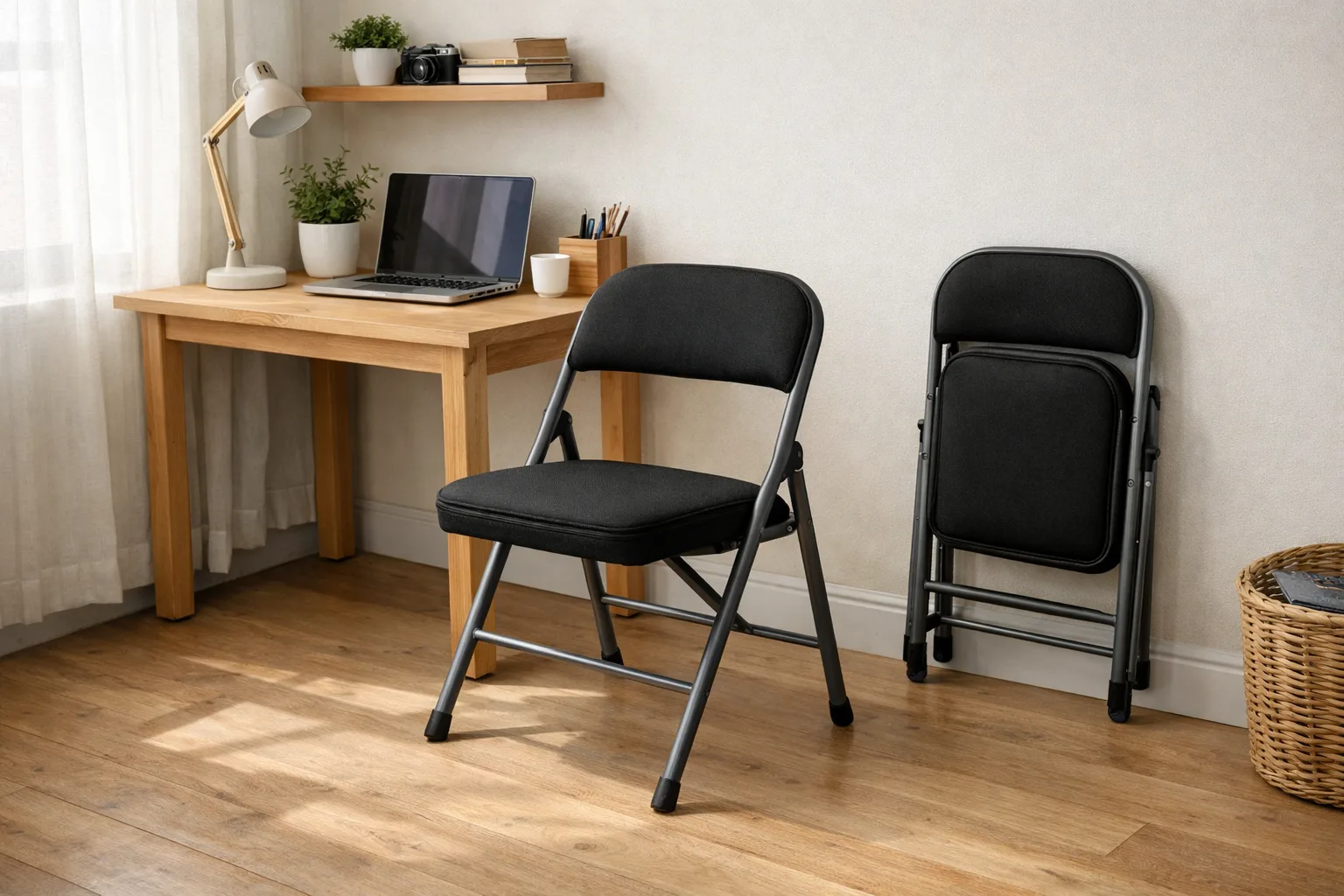 Une chaise de bureau pliable ouverte devant un bureau, avec une seconde vue du siège replié contre le mur.