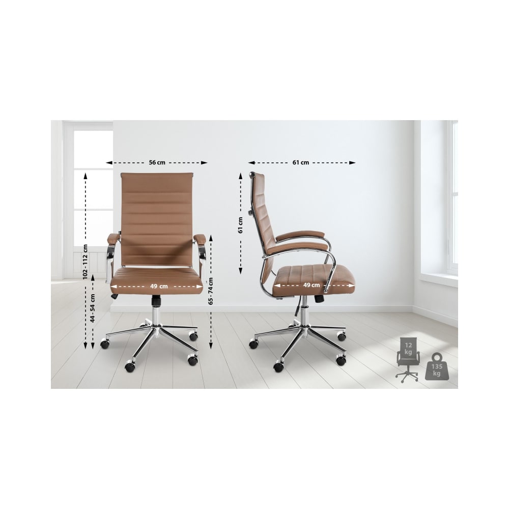 Chaise de bureau CLP Mollis marron clair en cuir grainé avec accoudoirs rembourrés — vue 3