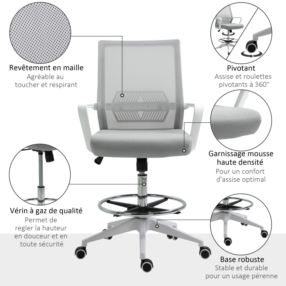 Chaise de bureau réglable Vinsetto grise et blanche avec dossier en maille — vue 7
