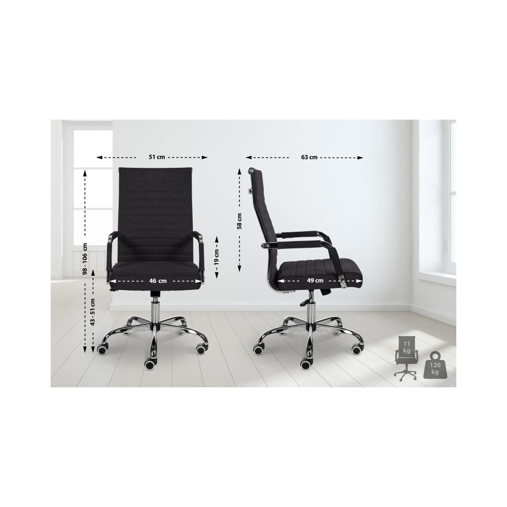 Chaise de bureau CLP Amadora noire en tissu, avec accoudoirs et piètement chromé — vue 3