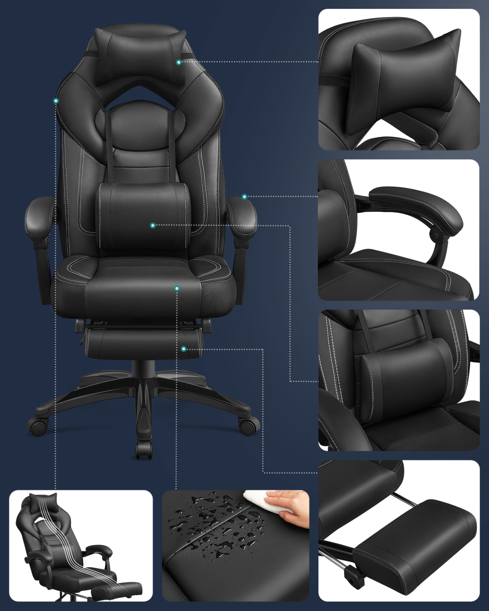 Chaise de bureau SONGMICS noire avec repose-pieds télescopique et dossier haut — vue 3