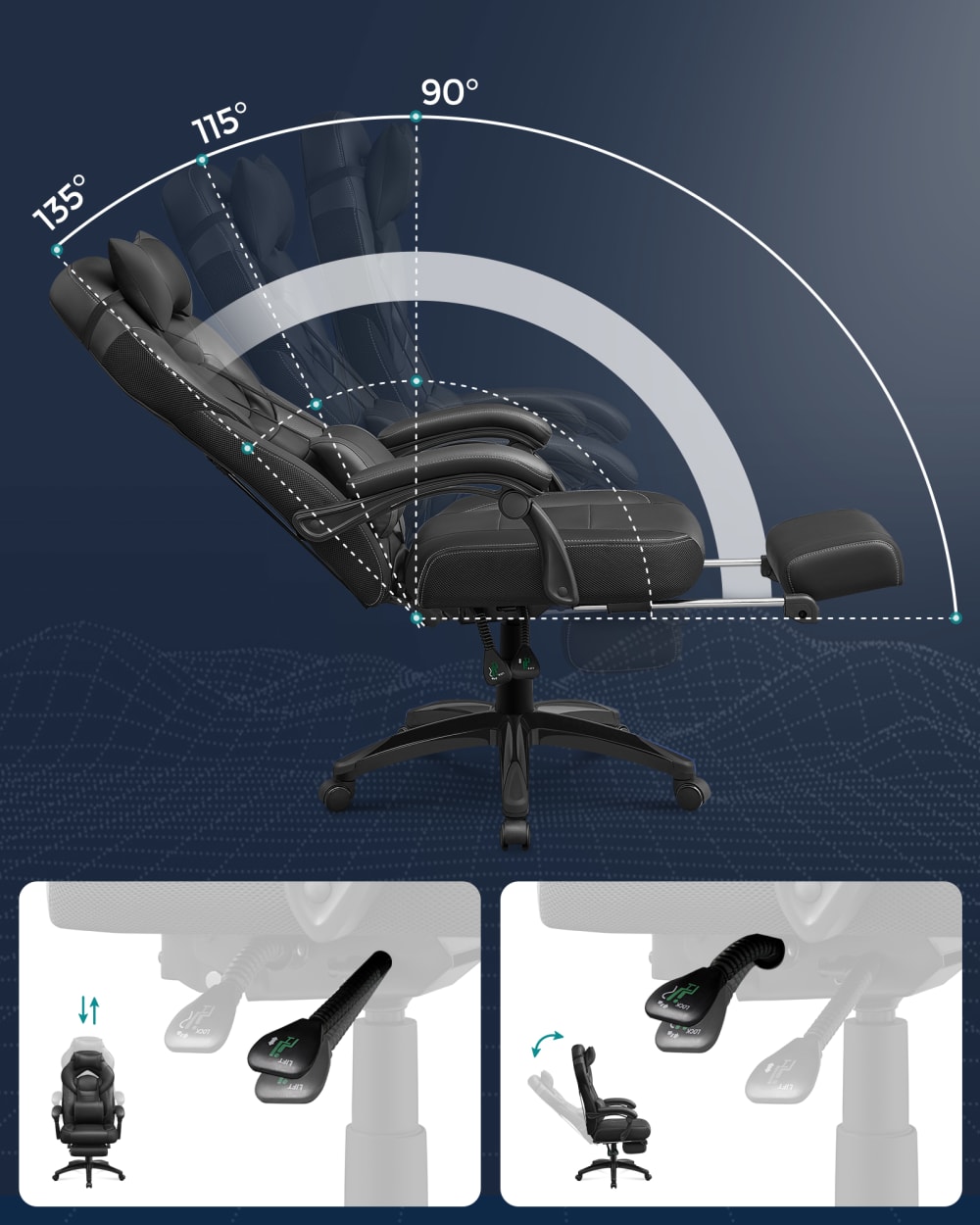 Chaise de bureau SONGMICS noire avec repose-pieds télescopique et dossier haut — vue 4
