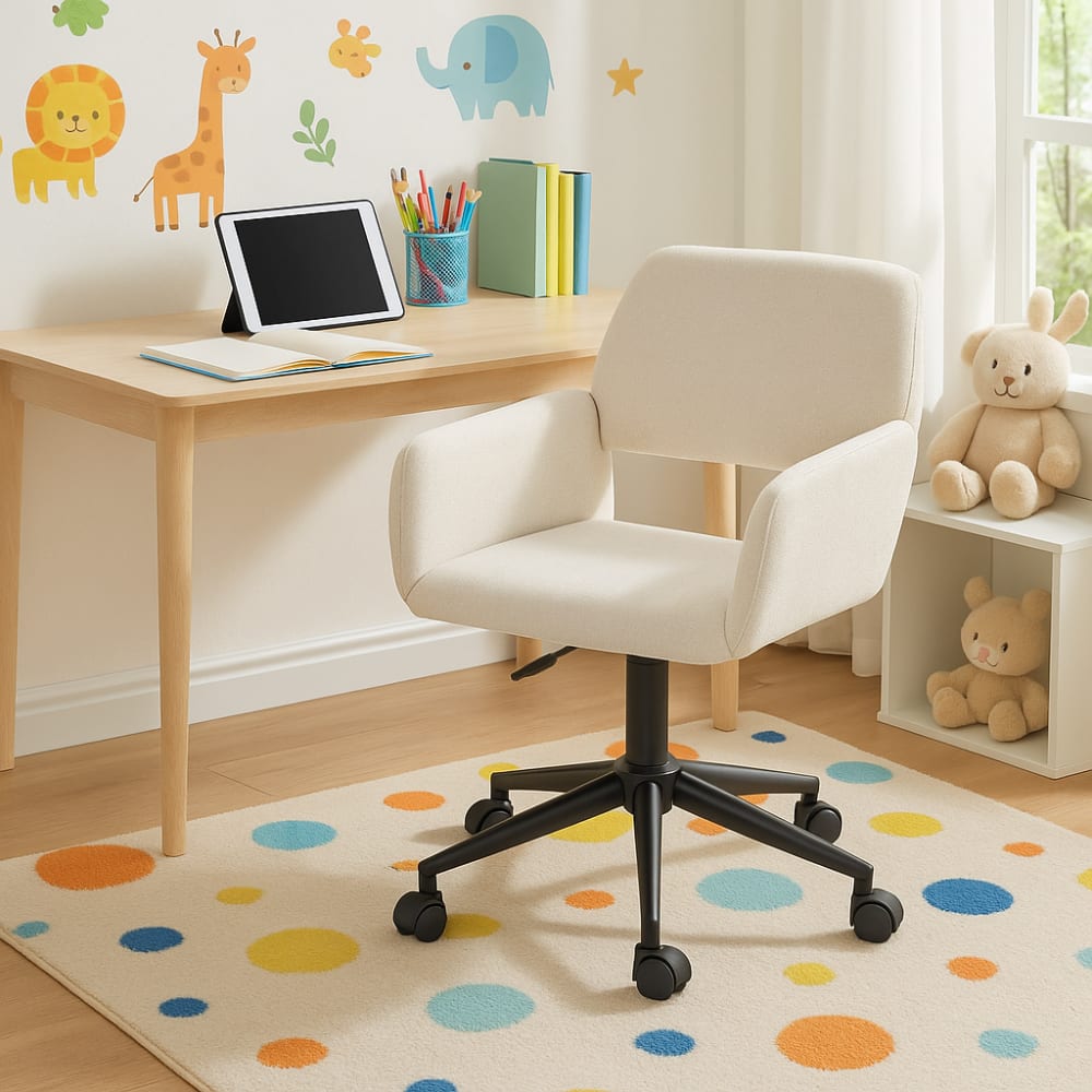 Chaise de bureau ROSS en tissu beige avec piètement noir et roulettes — vue 2