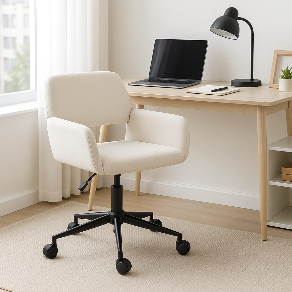 Chaise de bureau ROSS en tissu beige avec piètement noir et roulettes — vue 4