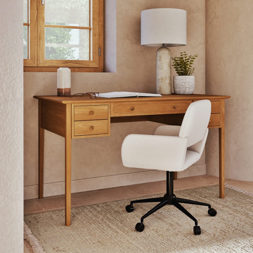 Chaise de bureau ROSS en tissu beige avec piètement noir et roulettes — vue 5