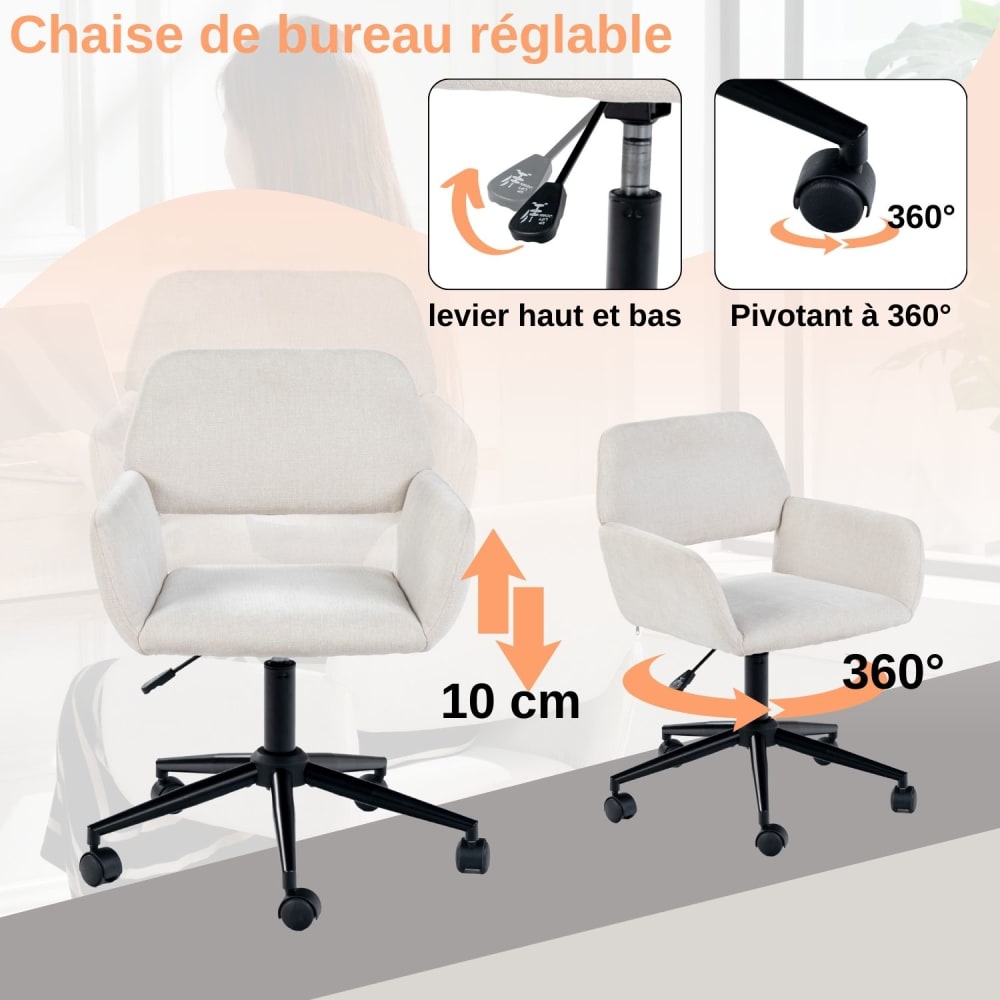 Chaise de bureau ROSS en tissu beige avec piètement noir et roulettes — vue 7
