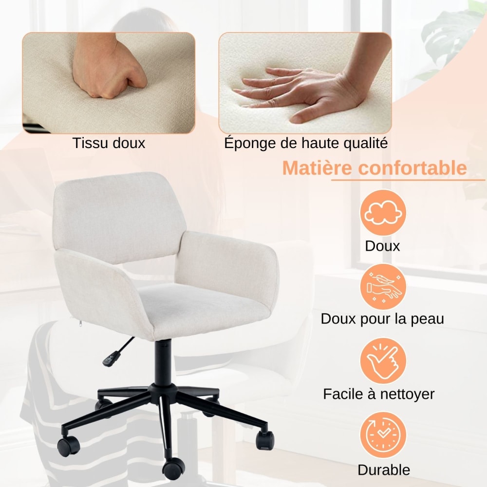 Chaise de bureau ROSS en tissu beige avec piètement noir et roulettes — vue 8