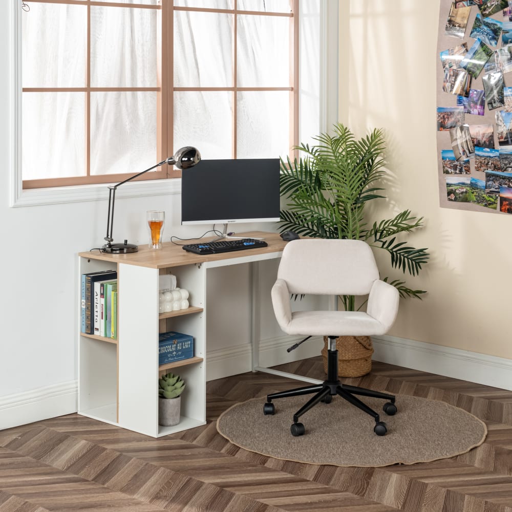 Chaise de bureau ROSS en tissu beige avec piètement noir et roulettes — vue 9