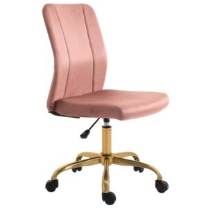 Chaise de bureau art déco Vinsetto en velours rose poudré, dossier strié et piètement doré
