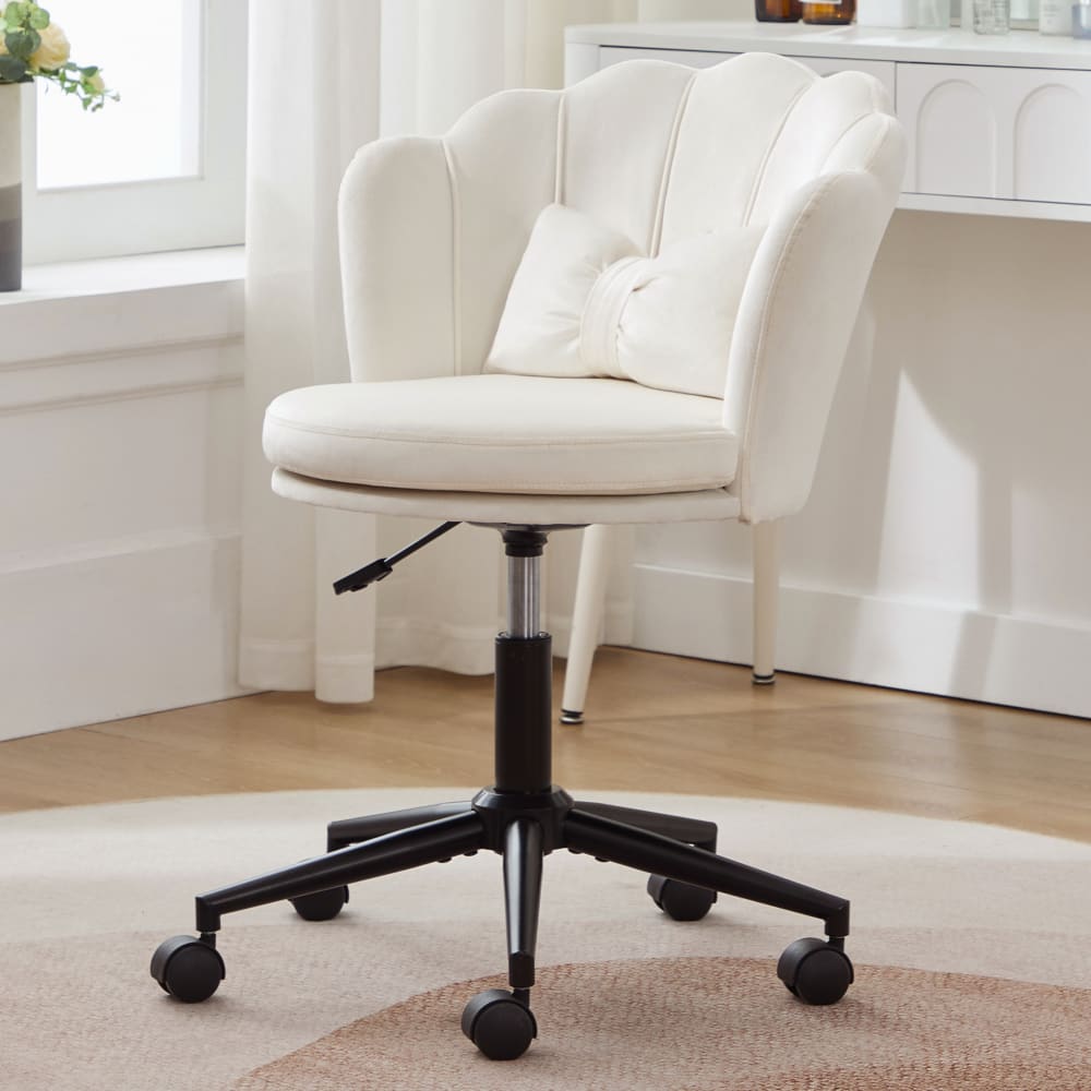 Chaise de bureau Urban Meuble en velours blanc, dossier pétale et coussin papillon — vue 2