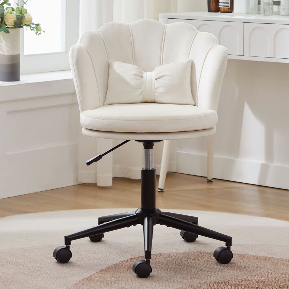 Chaise de bureau Urban Meuble en velours blanc, dossier pétale et coussin papillon — vue 3