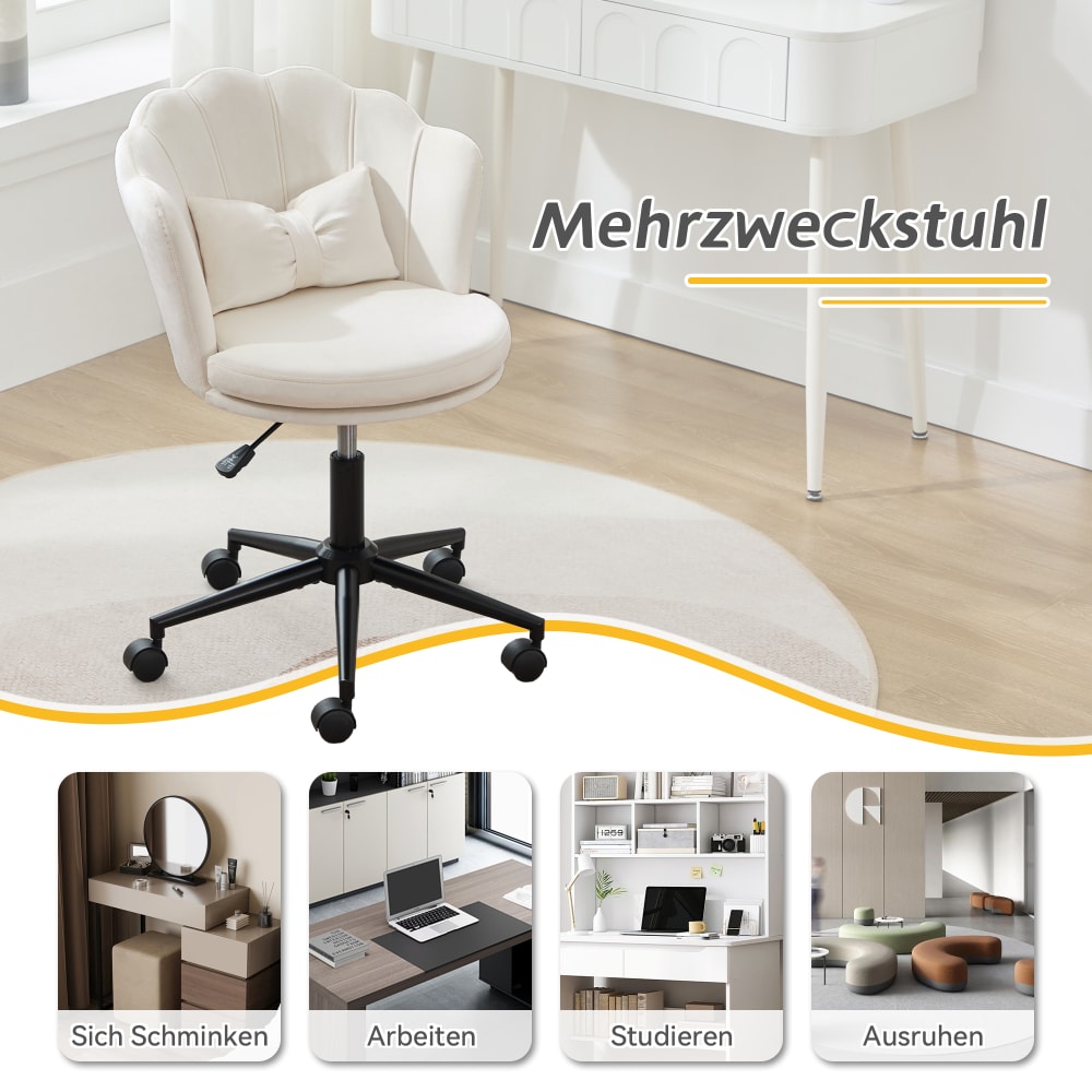 Chaise de bureau Urban Meuble en velours blanc, dossier pétale et coussin papillon — vue 6