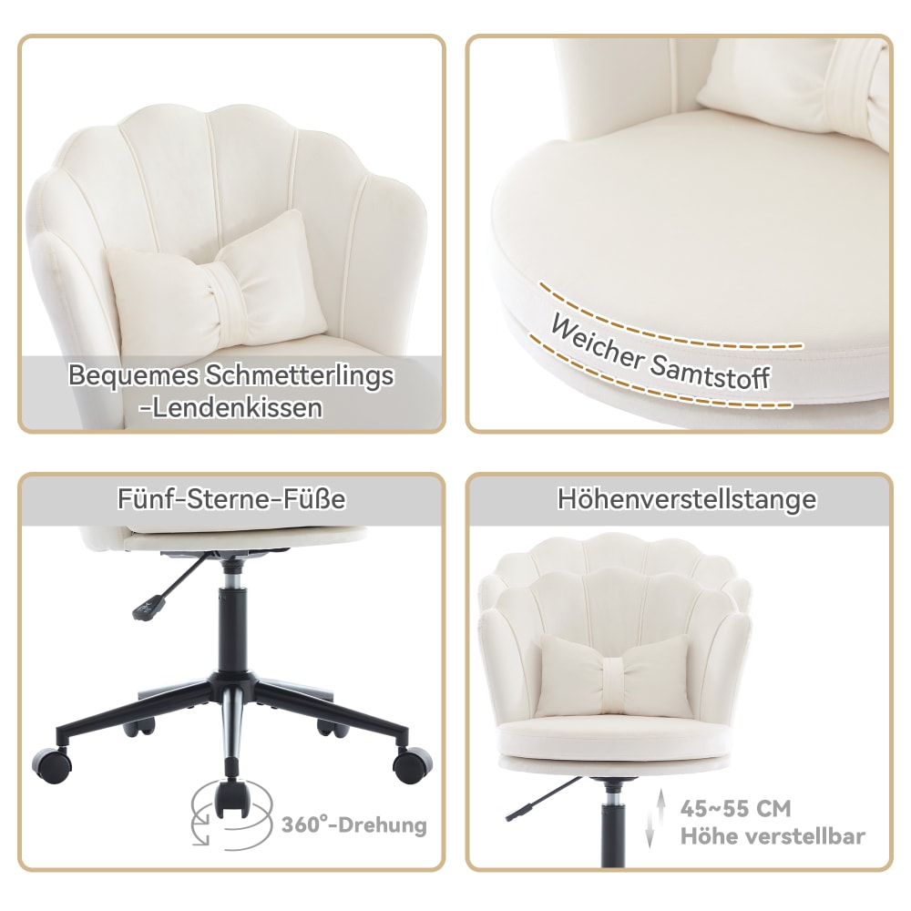 Chaise de bureau Urban Meuble en velours blanc, dossier pétale et coussin papillon — vue 7