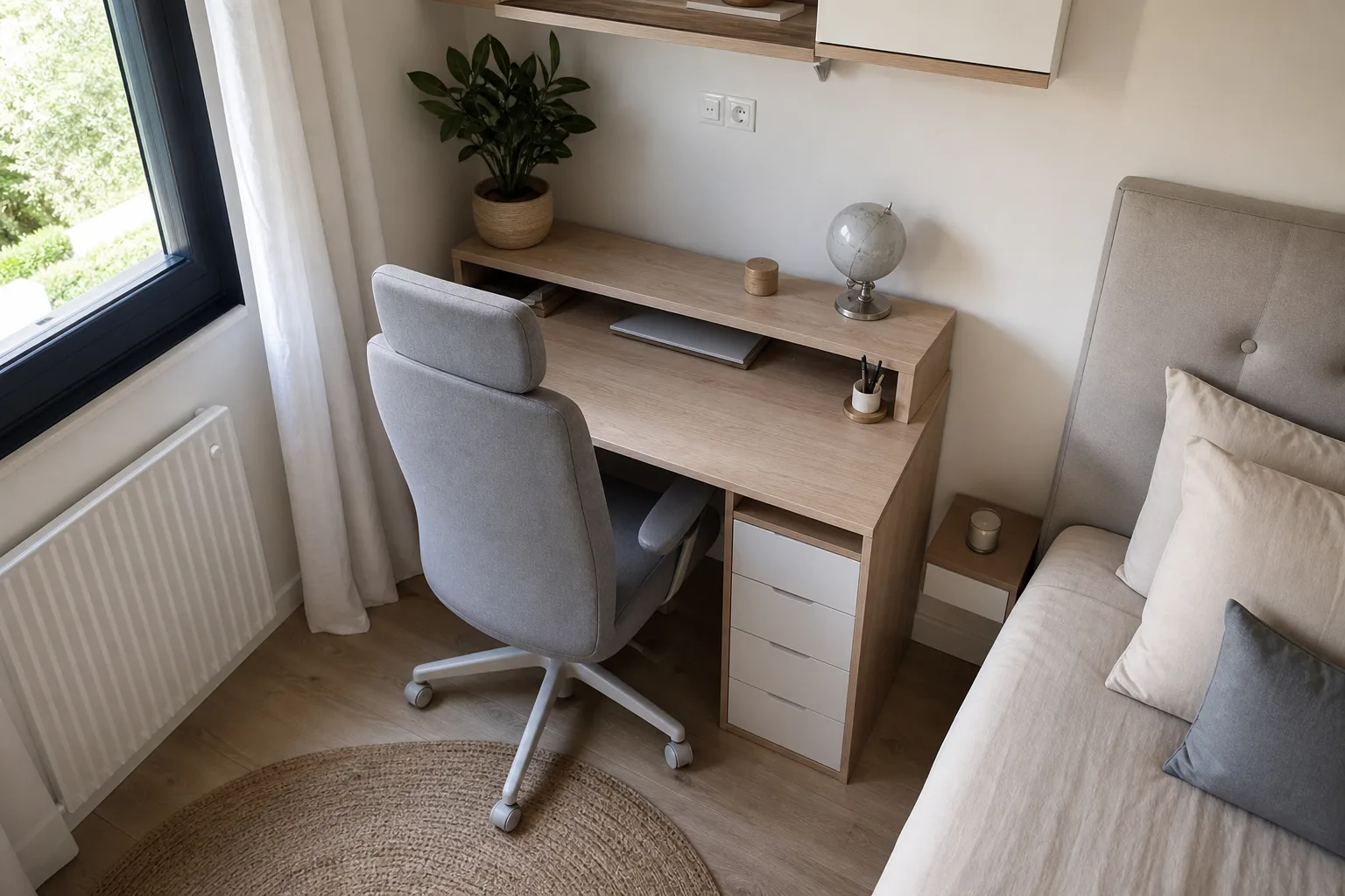 Une chaise de travail gris clair est rangée sous un bureau compact dans une petite pièce aux murs lumineux.