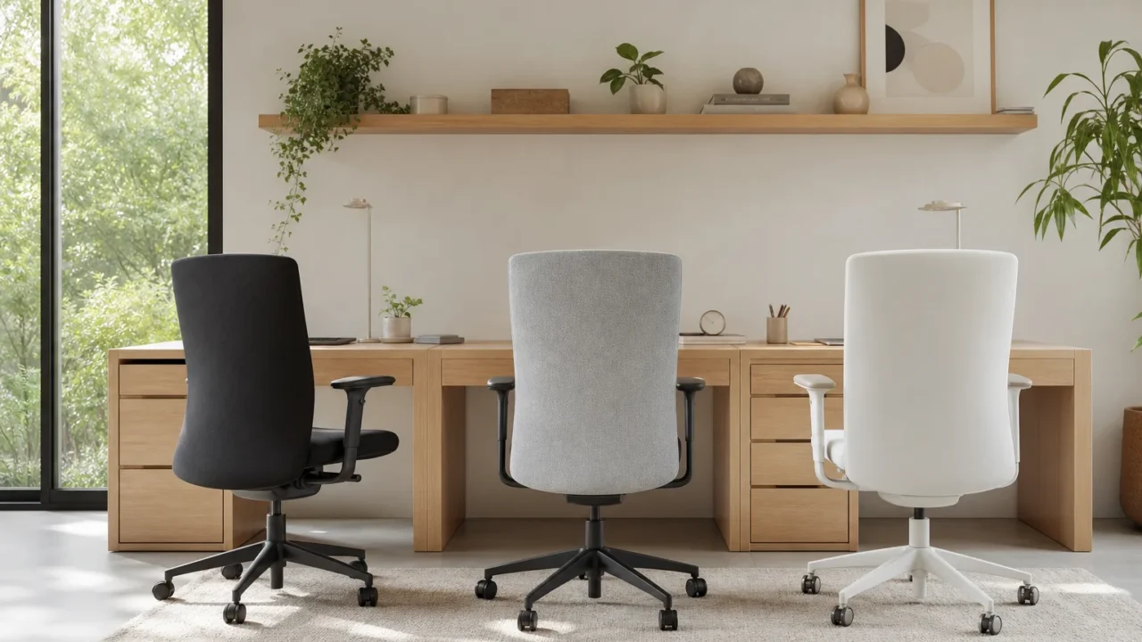 Trois chaises de travail noire, grise et blanche sont placées devant des bureaux en bois clair dans une pièce lumineuse.