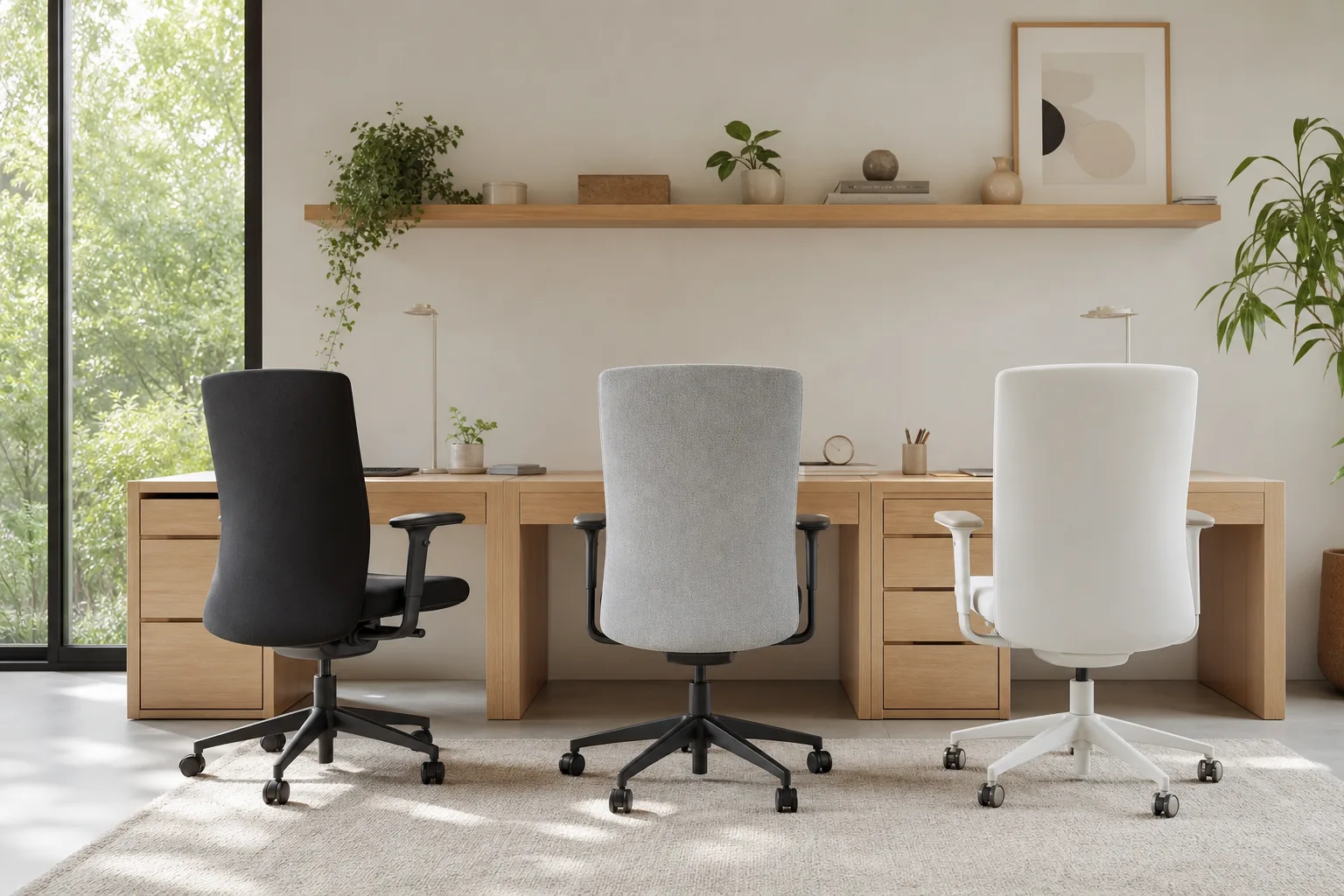 Trois chaises de travail noire, grise et blanche sont placées devant des bureaux en bois clair dans une pièce lumineuse.