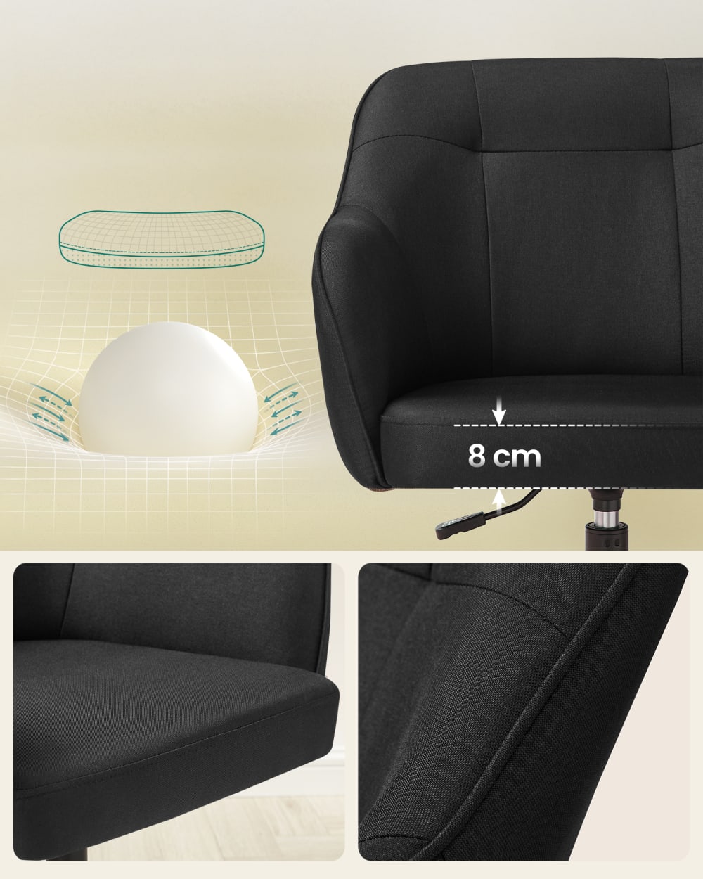 Chaise de bureau SONGMICS pivotante noire avec assise en tissu coton-lin — vue 5