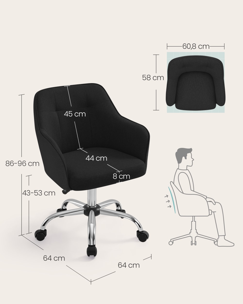 Chaise de bureau SONGMICS pivotante noire avec assise en tissu coton-lin — vue 7