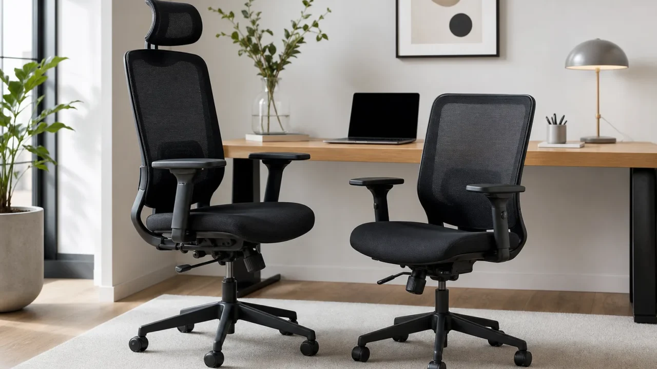 Deux sièges de bureau placés devant un bureau, avec un dossier haut muni d’une têtière à gauche et un dossier bas à droite.