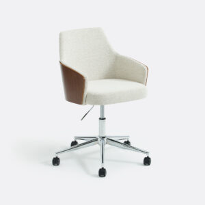 Fauteuil de bureau Jael en tissu bouclette, dossier plaqué noyer et piètement chromé