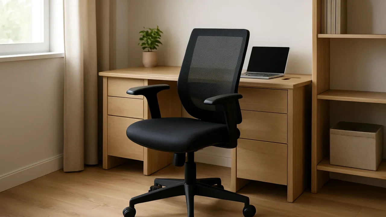 Fauteuil de bureau compact installé devant un bureau, avec peu d’espace entre le siège, le mur et les meubles voisins.