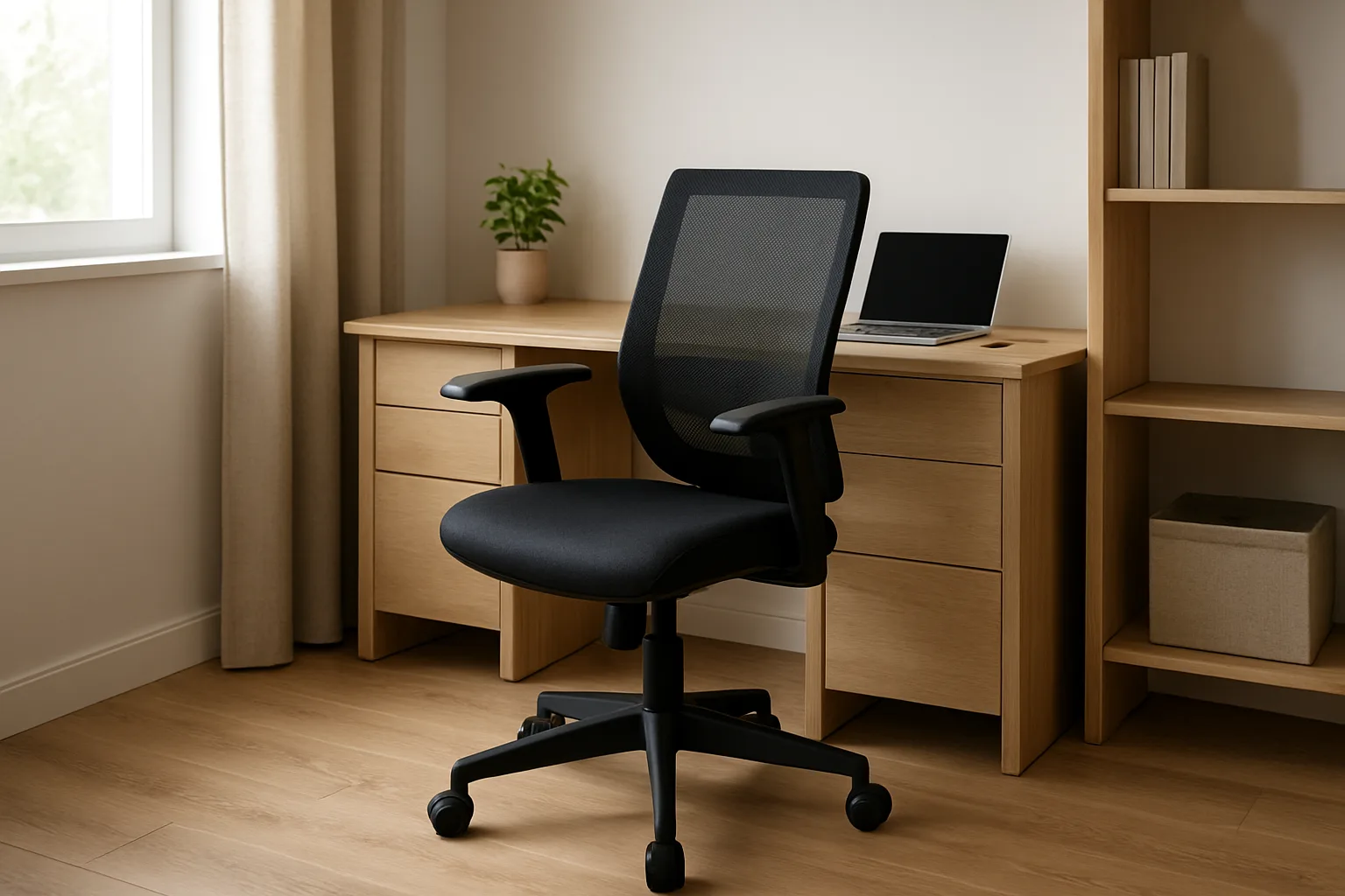 Fauteuil de bureau compact installé devant un bureau, avec peu d’espace entre le siège, le mur et les meubles voisins.