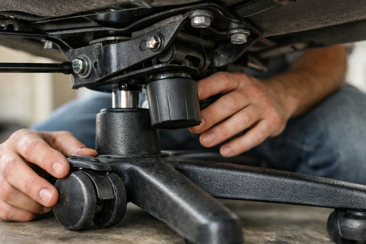 Gros plan sur la base étoile, les assemblages et une roulette d’un fauteuil de bureau.