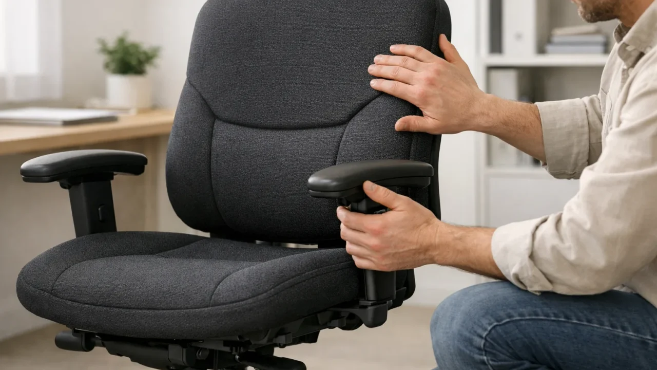Une personne examine le revêtement et les commandes d’un fauteuil de bureau d’occasion.