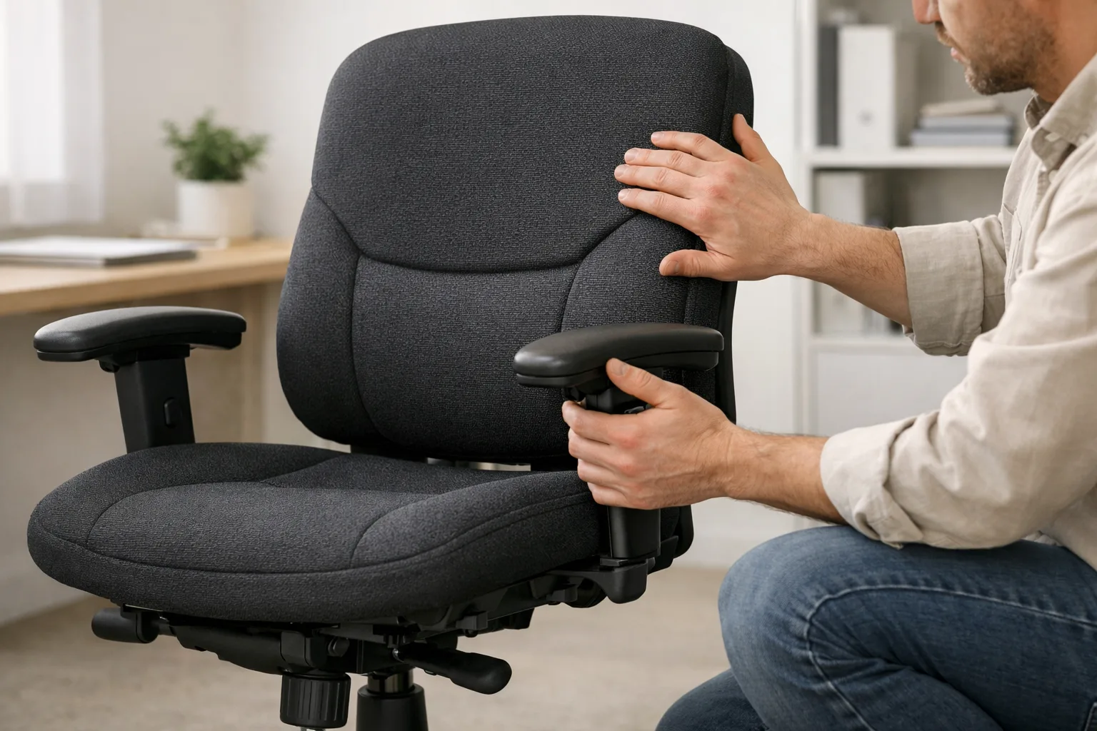Une personne examine le revêtement et les commandes d’un fauteuil de bureau d’occasion.