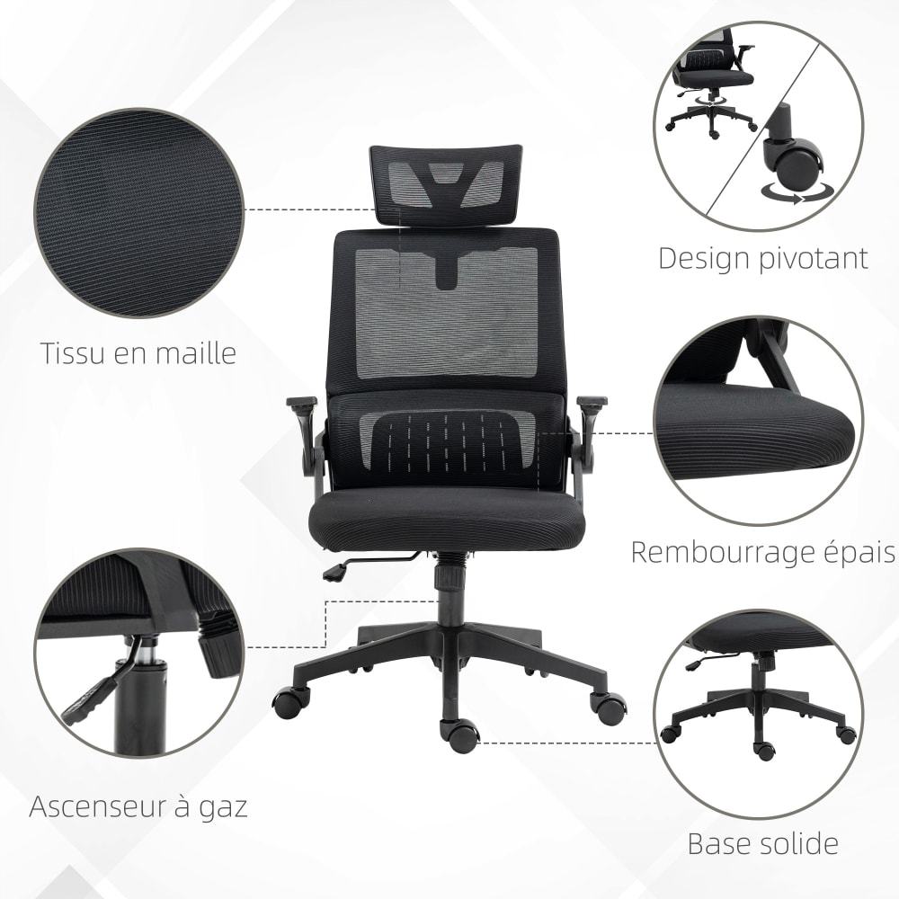 Fauteuil de bureau Vinsetto noir avec dossier en maille et appui-tête réglable — vue 5