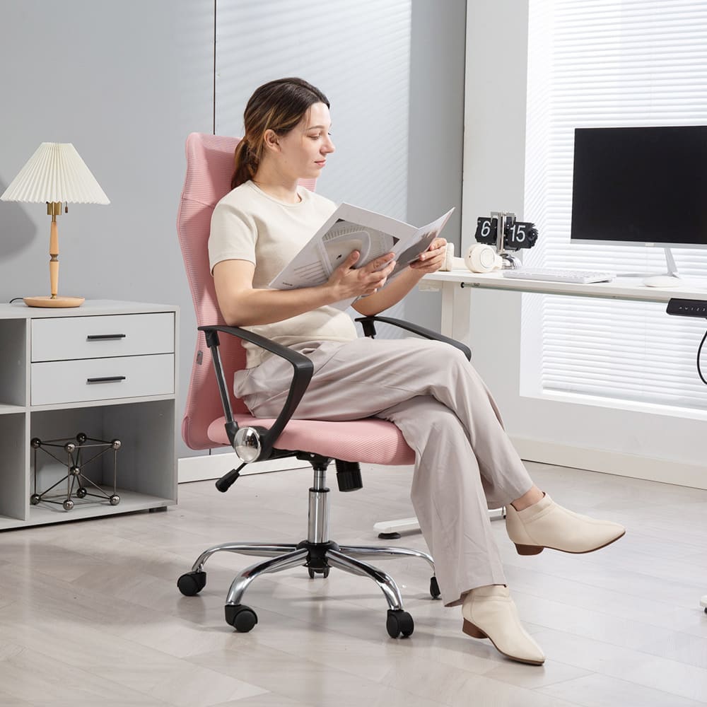 Fauteuil de bureau Homcom rose avec dossier inclinable et roulettes pivotantes — vue 2