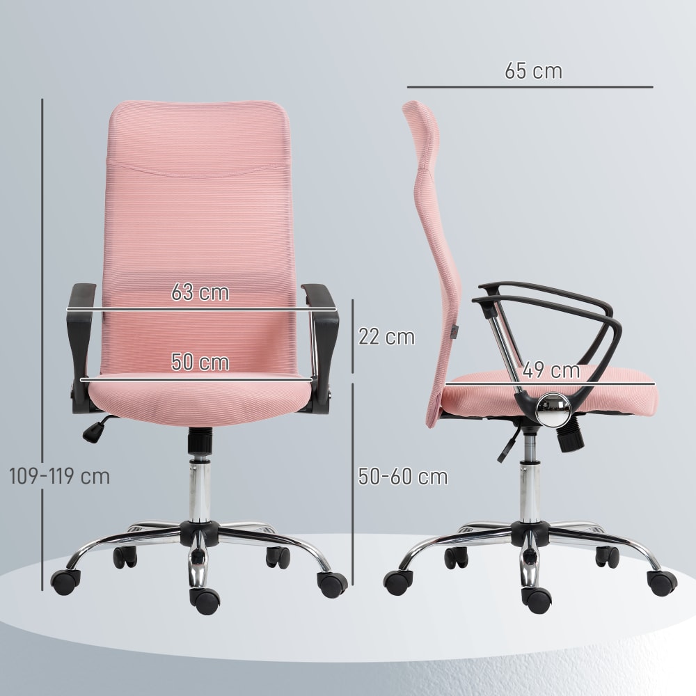 Fauteuil de bureau Homcom rose avec dossier inclinable et roulettes pivotantes — vue 4