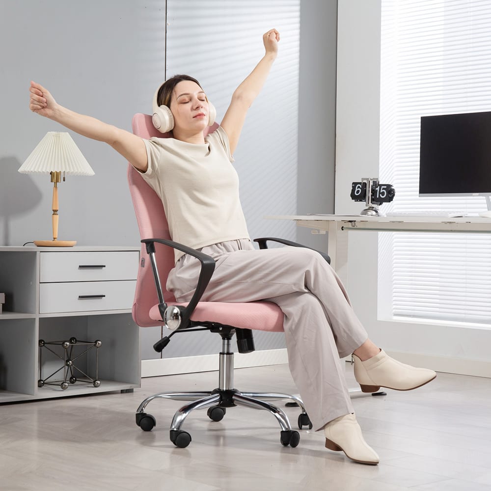 Fauteuil de bureau Homcom rose avec dossier inclinable et roulettes pivotantes — vue 5